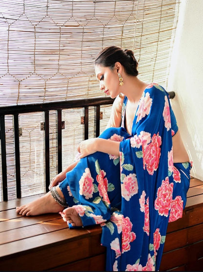 Floral Blue Satin Digital Print Saree/Unstitched Blouse Sari