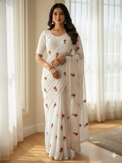 White SAREE WITH THREAD WORK & BLOUSE BANGLORI BLOUSE WITH SEQUENCE WORK