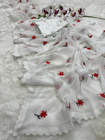 White SAREE WITH THREAD WORK & BLOUSE BANGLORI BLOUSE WITH SEQUENCE WORK