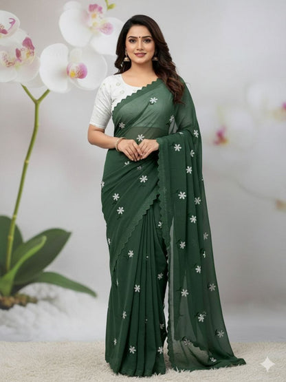 GREEN SAREE WITH THREAD WORK & BLOUSE BANGLORI BLOUSE WITH SEQUENCE WORK