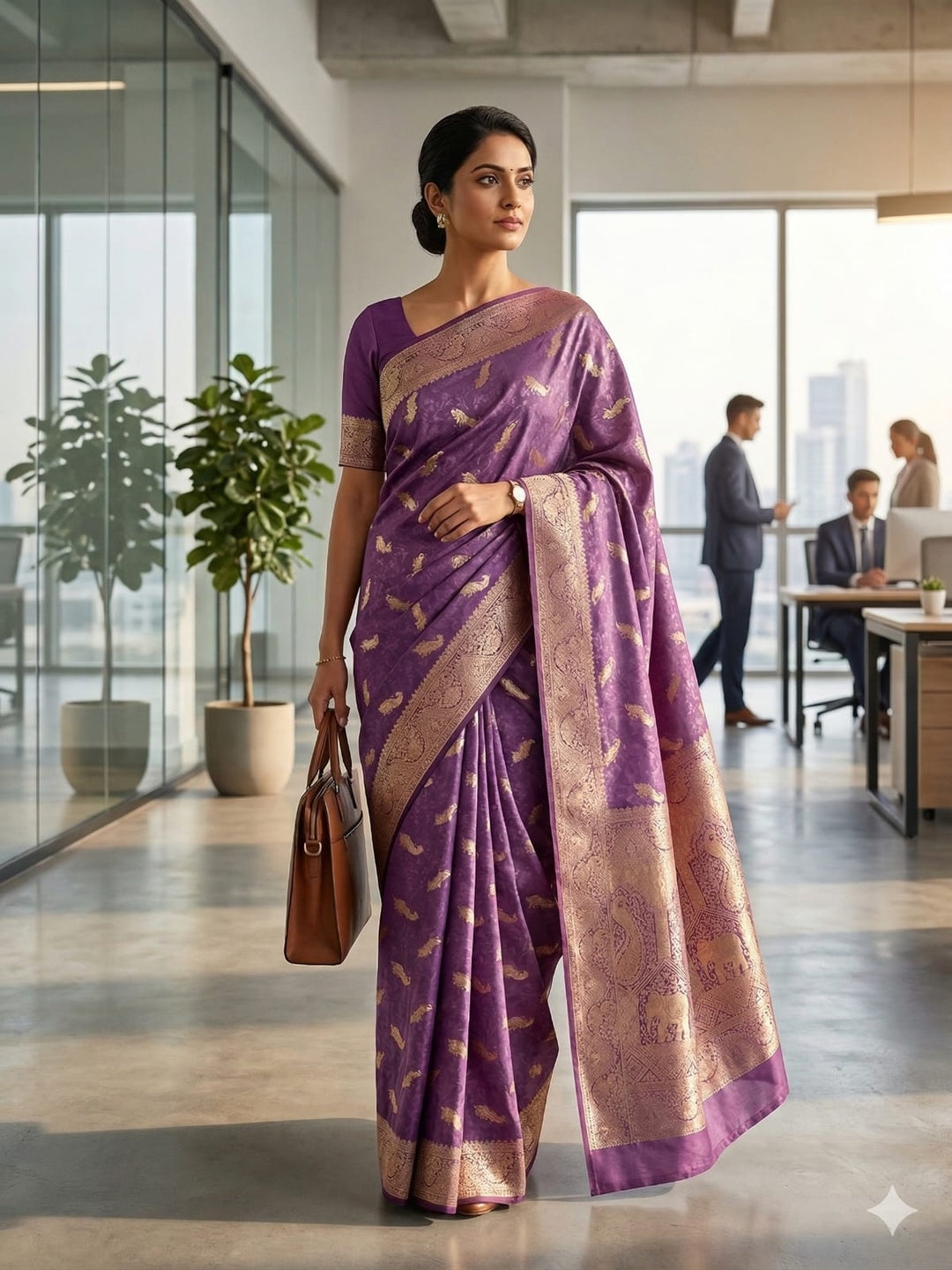 Soft Silk Lavender & Golden Zari Border Self Weaving with Booti/Unstitched Blouse