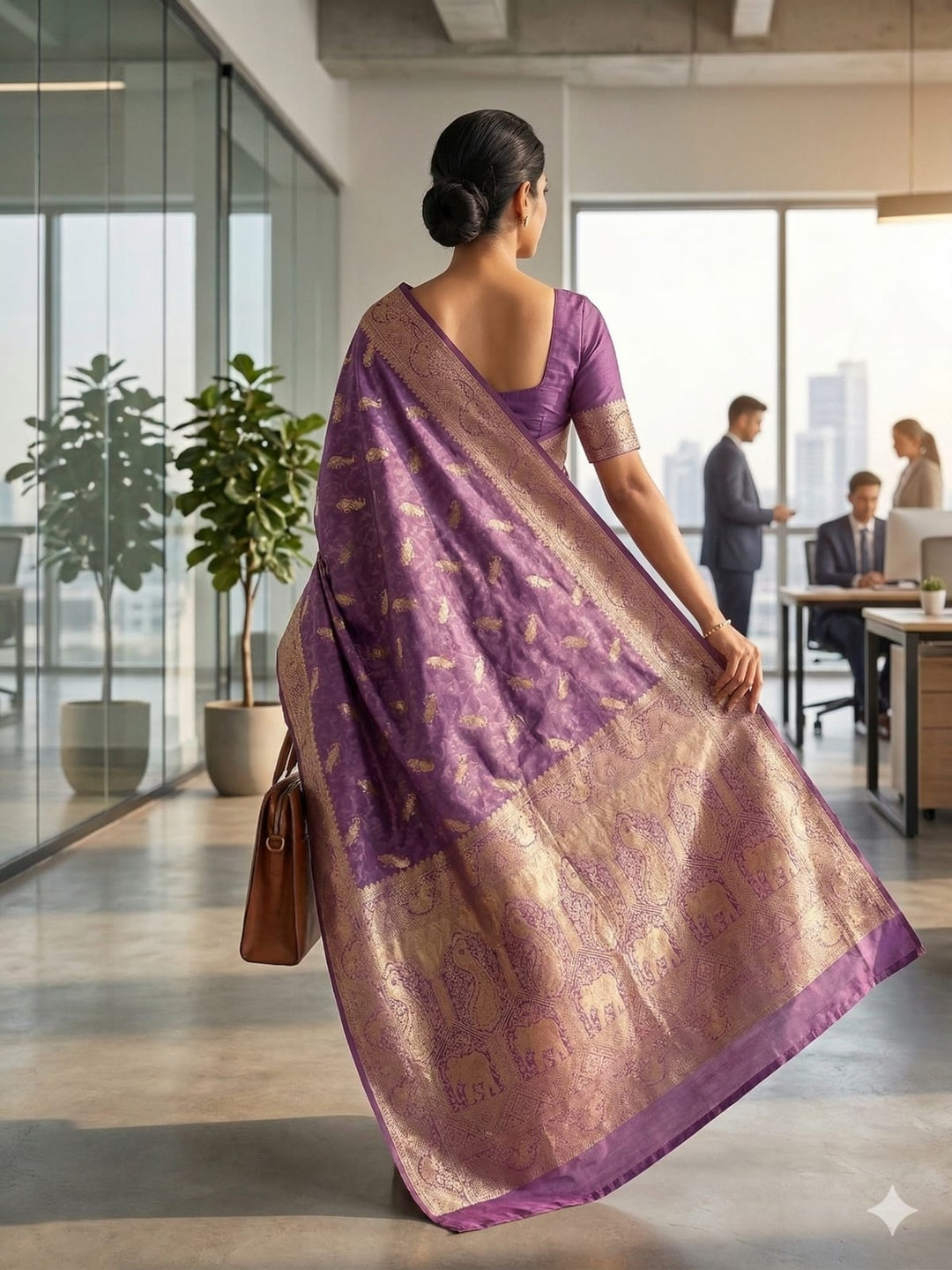 Soft Silk Lavender & Golden Zari Border Self Weaving with Booti/Unstitched Blouse