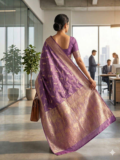 Soft Silk Lavender & Golden Zari Border Self Weaving with Booti/Unstitched Blouse