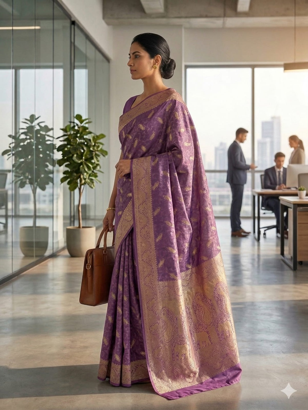 Soft Silk Lavender & Golden Zari Border Self Weaving with Booti/Unstitched Blouse