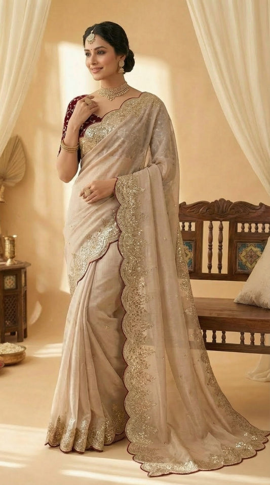 Pure Zimmy Chhoo Satin Saree With Beautiful 3MM Sequence Zari (C-Pallu)