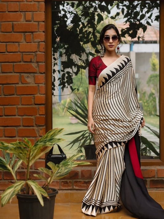 Satin Silk Cream & Black Print Saree