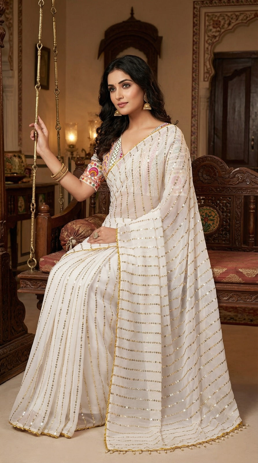 Embellished Sequinned Pure Georgette Heavy Work Saree