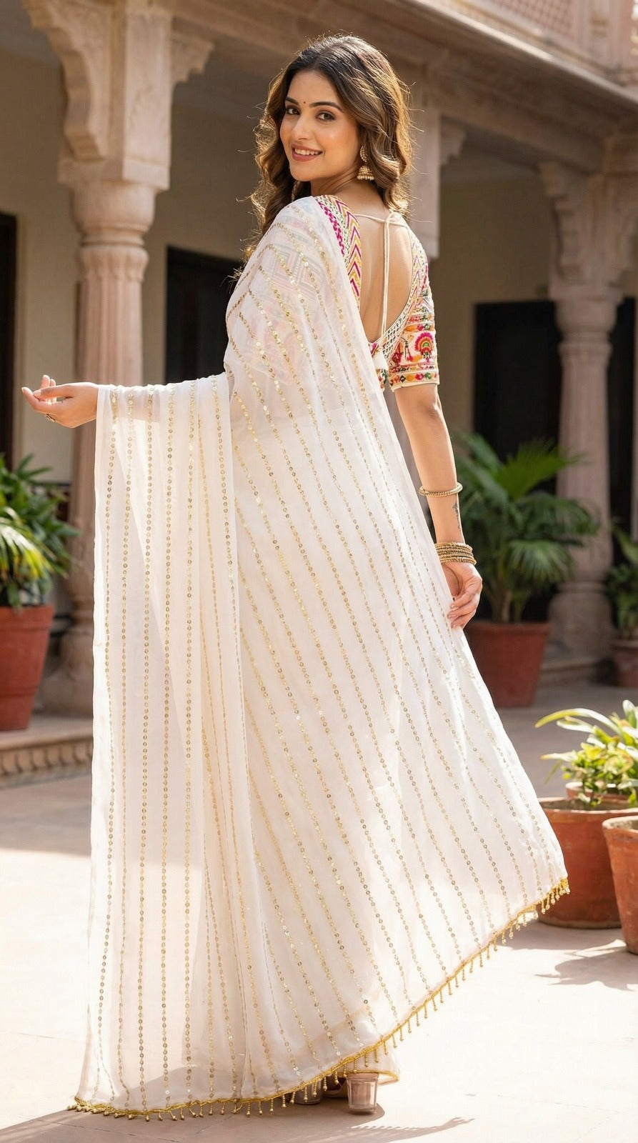 Embellished Sequinned Pure Georgette Heavy Work Saree