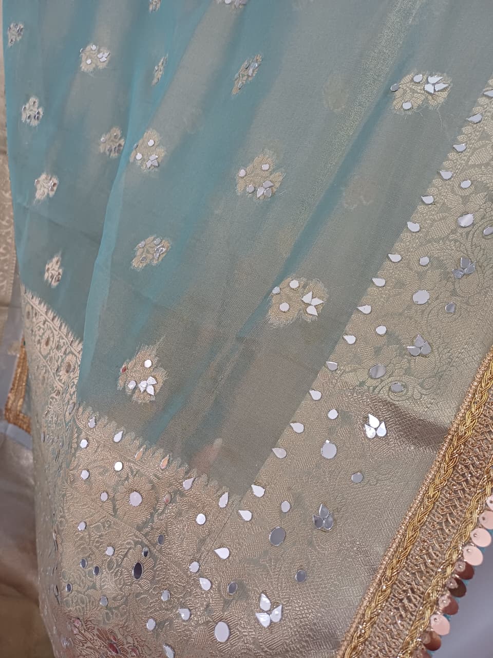 Organza Mint Green Sequence Work Sequence Border/Unstitched Blouse