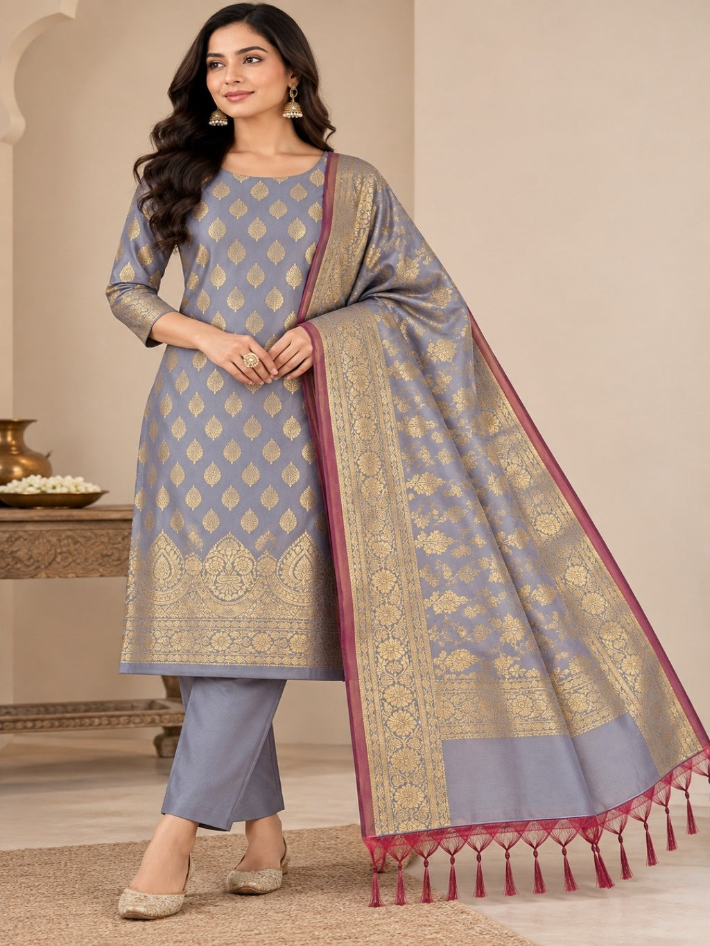 Banarsi Tapeta Silk 3pc Unstitched Suit Zari Weaving Suit