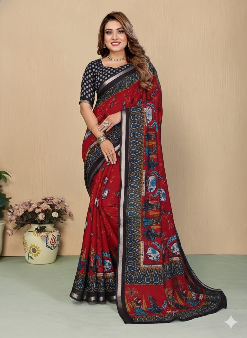 Kalamkari Printed Mul Cotton Saree With Madhubani Printed Over Pallu