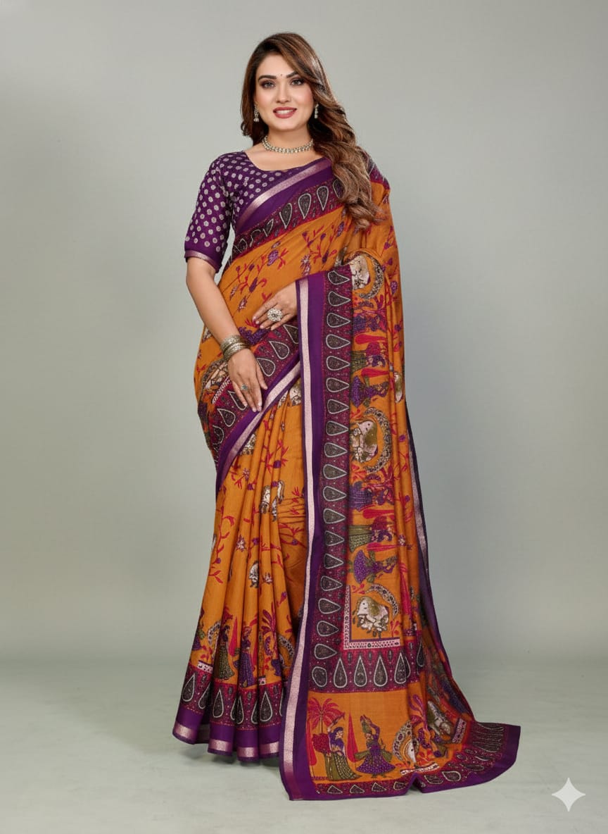 Kalamkari Printed Mul Cotton Saree With Madhubani Printed Over Pallu