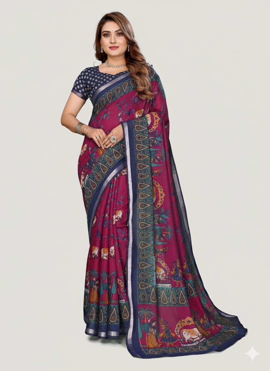 Kalamkari Printed Mul Cotton Saree With Madhubani Printed Over Pallu
