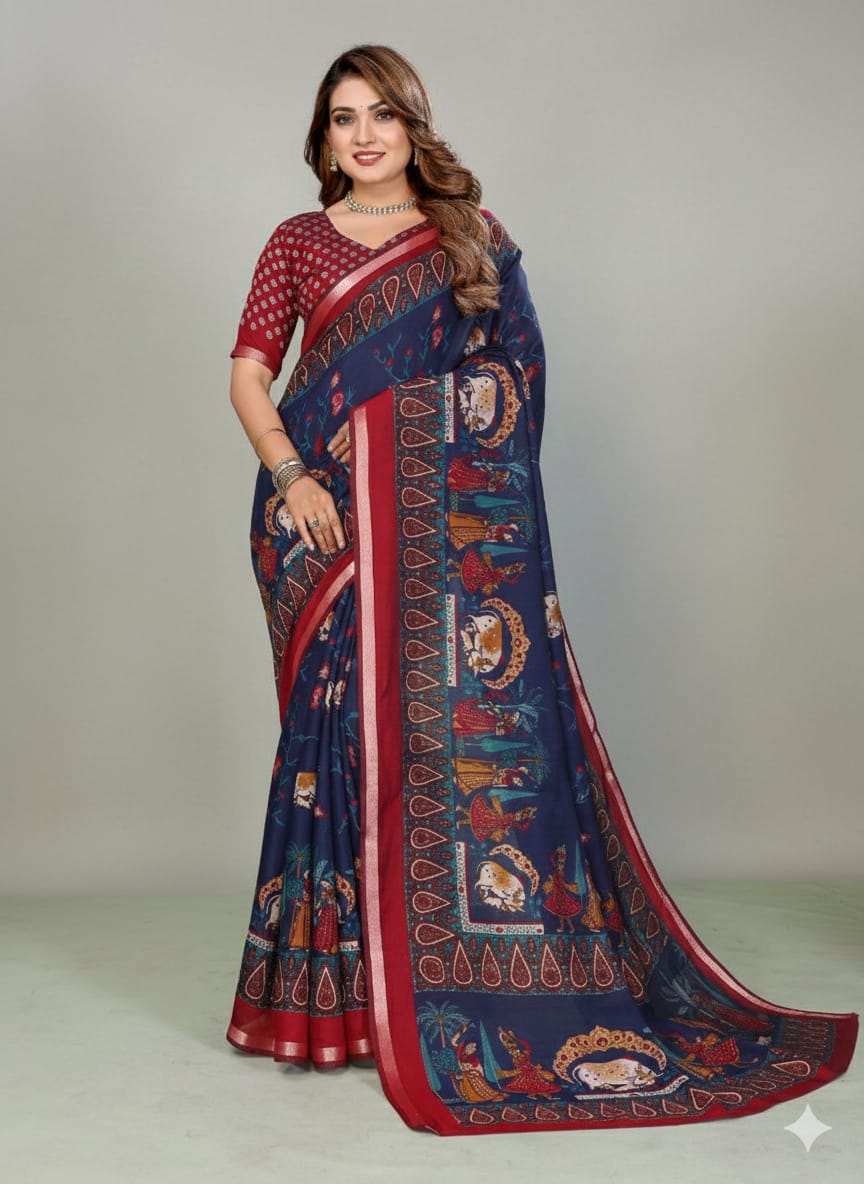 Kalamkari Printed Mul Cotton Saree With Madhubani Printed Over Pallu