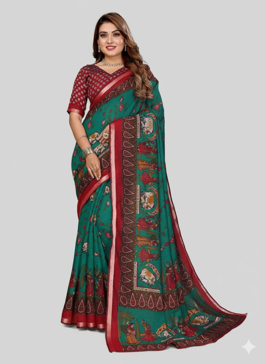 Kalamkari Printed Mul Cotton Saree With Madhubani Printed Over Pallu