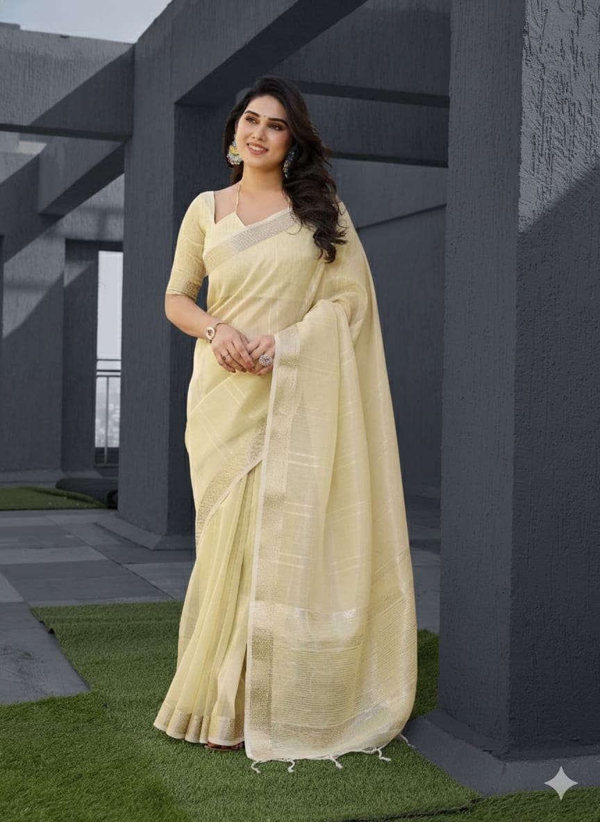 TISSUE LINEN SILK AND WEAVED ZARI LINING SAREE