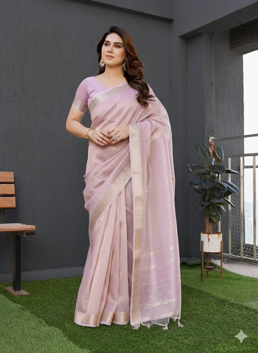 TISSUE LINEN SILK AND WEAVED ZARI LINING SAREE