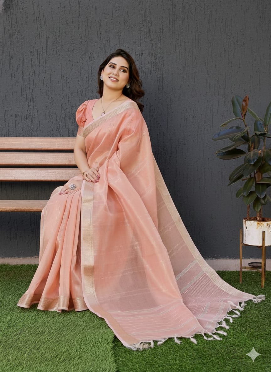 TISSUE LINEN SILK AND WEAVED ZARI LINING SAREE