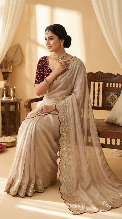 Pure Zimmy Chhoo Satin Saree With Beautiful 3MM Sequence Zari (C-Pallu)