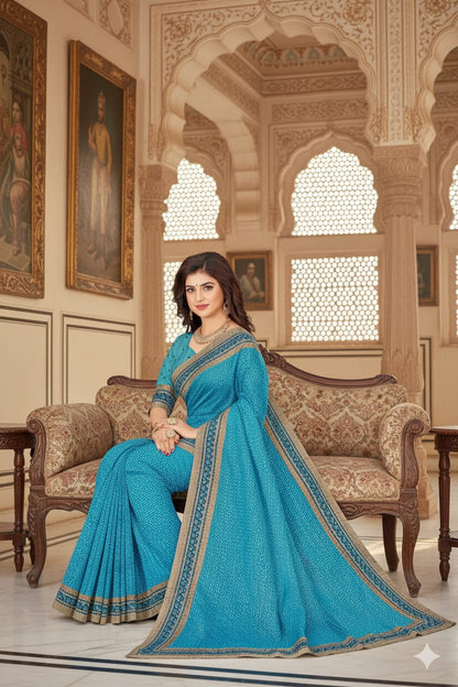 Sky Blue & Golden Border Cotton Saree/Sari
