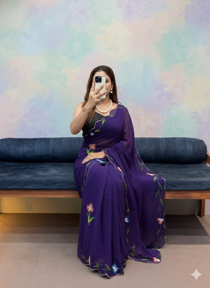 Handpaint Saree With Cut Dana Handwork