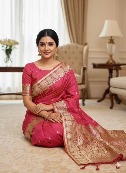 Women Pure Soft Banarsi Silk Saree Pink With Zari Weaved