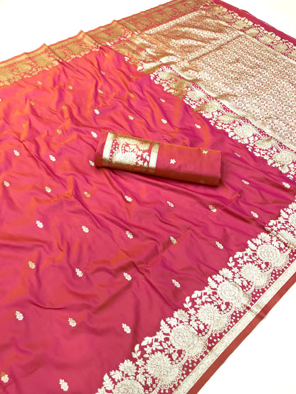 Women Pure Soft Banarsi Silk Saree Pink With Zari Weaved