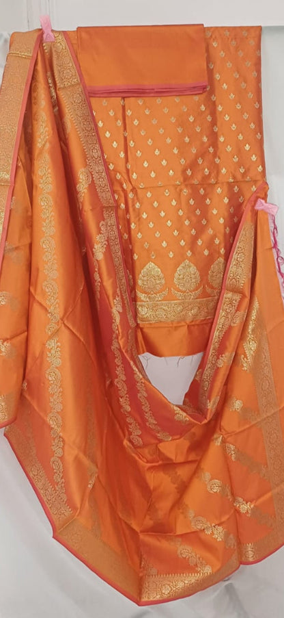 Unstitched Tapeta Silk Orange Suit For Women-Resham Weaving