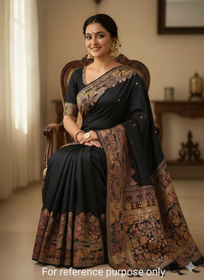 Women Pure Soft Rajwadi Pashmina Silk Weaving Saree With Butti Blouse - Black