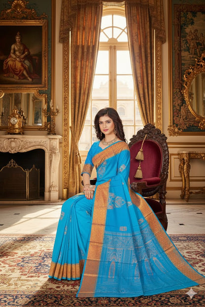 Women's Kanjivaram Soft Silk Saree Golden Border Firozee Sari