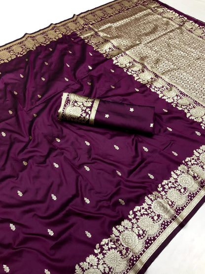 Women Pure Soft Banarsi Silk Saree Dark Purple With Zari Weaved