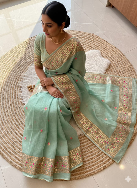 Soft Kota Doriya With Zari Chex Fabric Saree-Mint Green