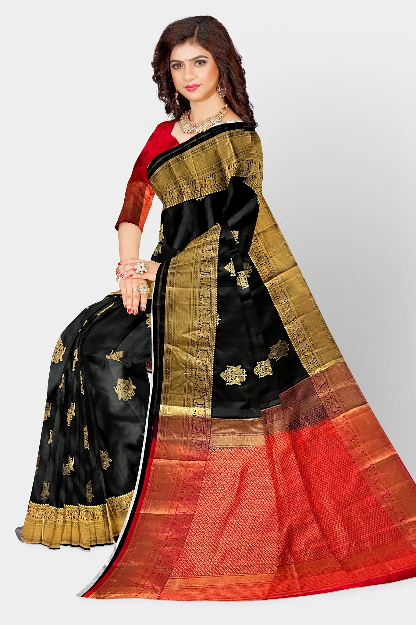Saree Kanjivaram Pure silk black Gold Woven booti Sari wedding partywear