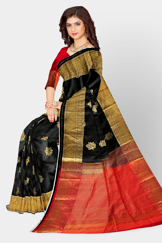 Saree Kanjivaram Pure silk black Gold Woven booti Sari wedding partywear