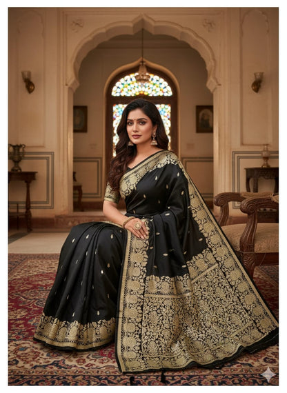 Women Pure Soft Banarsi Silk Saree Black With Zari Weaved