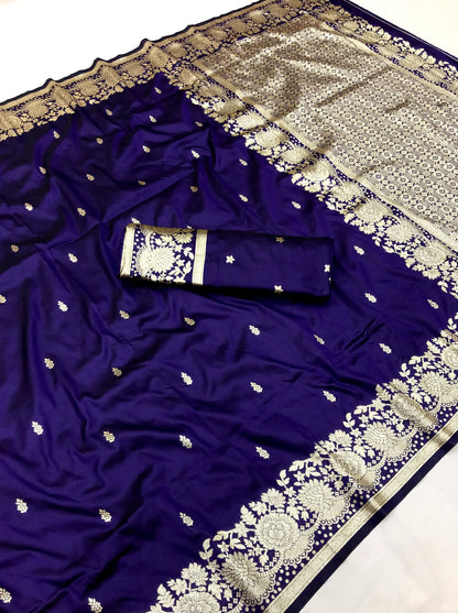 Women Pure Soft Banarsi Silk Saree Blue With Zari Weaved