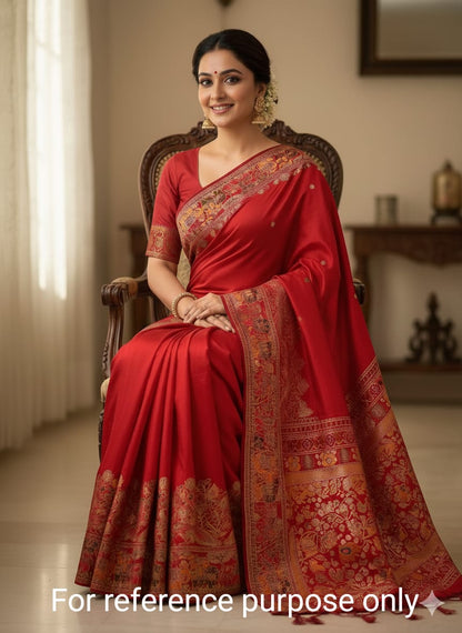Women Pure Soft Rajwadi Pashmina Silk Weaving Saree With Butti Blouse - Red