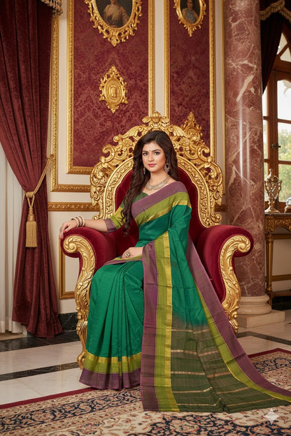Women's Soft Silk Yellow/Pink Border Green Saree Kanjivaram Style Sari
