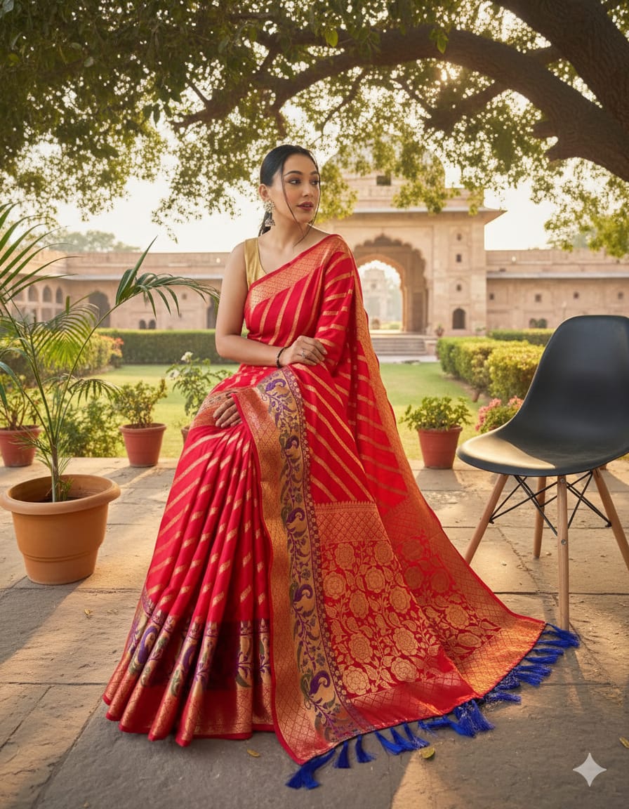 Silk Sarees with Gold Zari Zigzag Weaving - Red