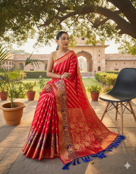 Silk Sarees with Gold Zari Zigzag Weaving - Red