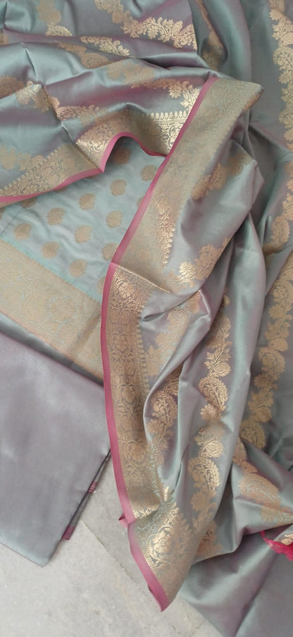 Unstitched Tapeta Silk Grey Suit For Women-Resham Weaving