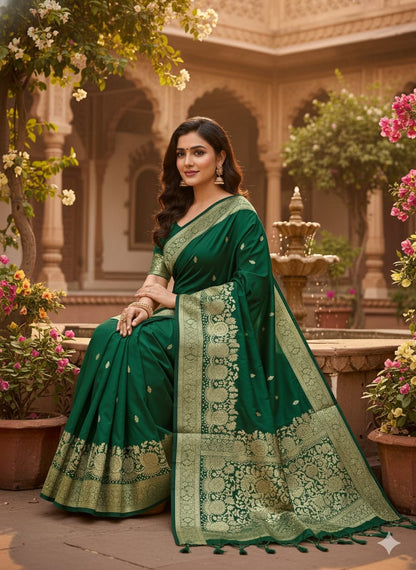 Women Pure Soft Banarsi Silk Saree Dark Green With Zari Weaved