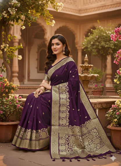 Women Pure Soft Banarsi Silk Saree Dark Purple With Zari Weaved