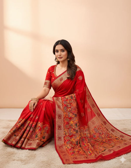 Women Premium Viscose Rajwadi Pashmina Silk Saree With Tassels