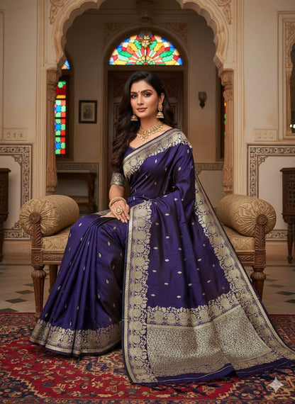 Women Pure Soft Banarsi Silk Saree Blue With Zari Weaved