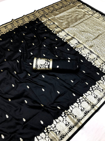 Women Pure Soft Banarsi Silk Saree Black With Zari Weaved