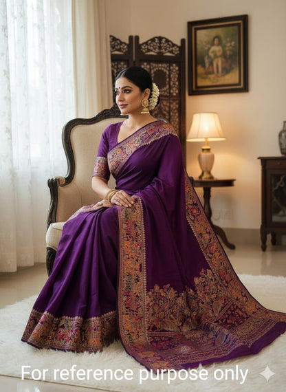 Women Pure Soft Rajwadi Pashmina Silk Weaving Saree With Butti Blouse - Purple