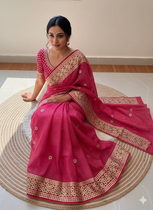 Soft Kota Doriya With Zari Chex Fabric Saree-Pink
