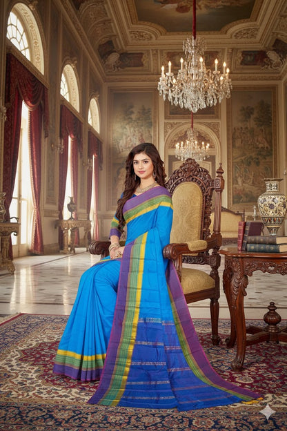 Women's Soft Silk Blue Border SkyBlue Saree Kanjivaram Style Sari