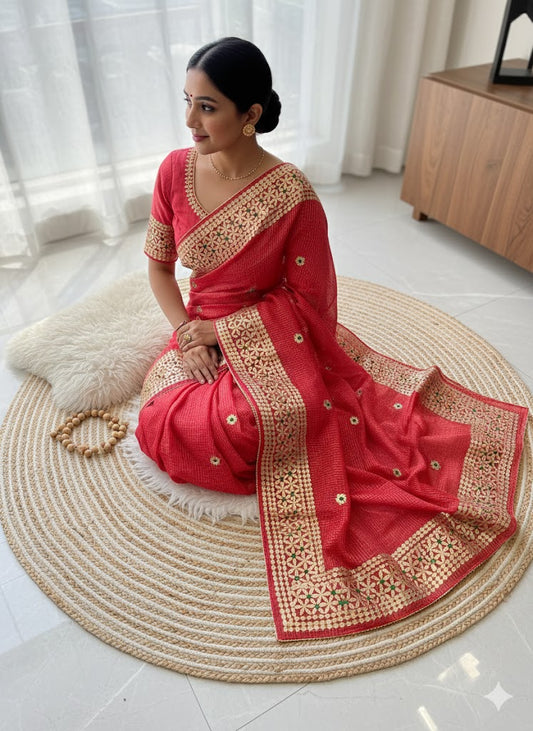 Soft Kota Doriya With Zari Chex Fabric Saree-Red